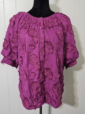 Chico’s Sz 2 L Pink Floral Embroidered Blouse Boho Cotton Top Frayed Details